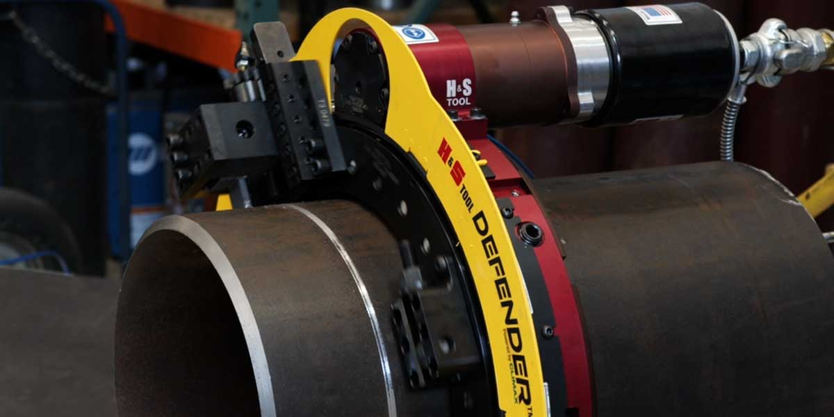The H&S Tool Clamshell Pipe Cutting and Beveling Machine